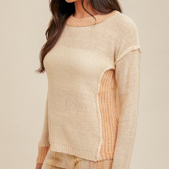 HEM & THREAD Cream Peach Contrast Knit Sweater, Long Sleeve Colorblock Pullover - Picture 2 of 6